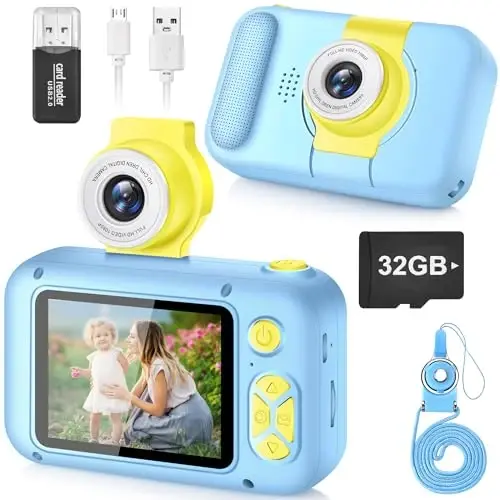 ARNSSIEN Kids Camera, Toddlers Digital Toy Camera with 180° Flip Lens, 2.4 Inch IPS Screen, 32 GB Card, Birthday Festival Present for 3 4 5 6 7 8 9 10 11 12 Year Old Girls & Boys, X101 (Blue) - 1