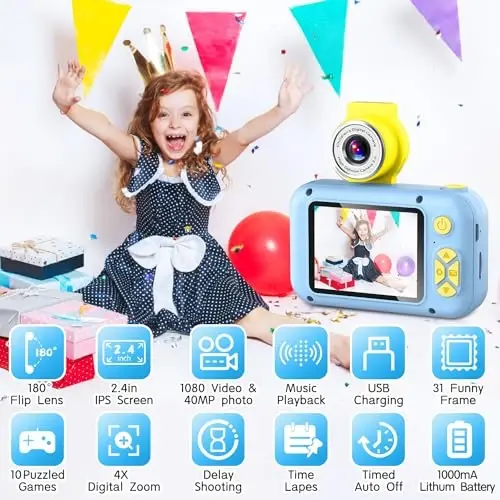 ARNSSIEN Kids Camera, Toddlers Digital Toy Camera with 180° Flip Lens, 2.4 Inch IPS Screen, 32 GB Card, Birthday Festival Present for 3 4 5 6 7 8 9 10 11 12 Year Old Girls & Boys, X101 (Blue) - 2