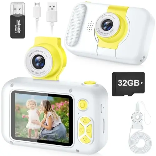 ARNSSIEN Kids Camera, Toddlers Digital Toy Camera with 180° Flip Lens, 2.4 Inch IPS Screen, 32 GB Card, Birthday Festival Present for 3 4 5 6 7 8 9 10 11 12 Year Old Girls & Boys, X101 (White) 
