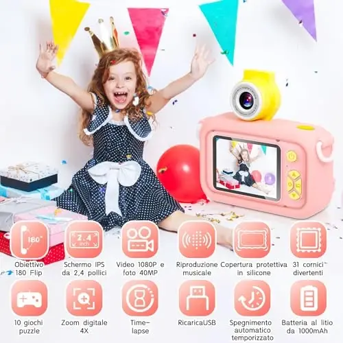 Kids Camera Toy for 3 4 5 6 7 8 9 10 11 12 Year Old Girls/Boys,Kids Digital Camera for Toddler with 180°Flip Lens&2.4in IPS Screen,Birthday Festival Present Toy for Girls/Boys,32 GB Card - 2