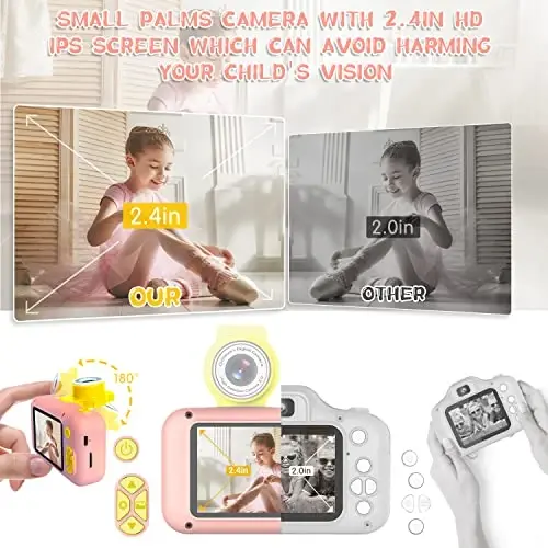 ARNSSIEN Kids Camera, Toddlers Digital Toy Camera with 180° Flip Lens, 2.4 Inch IPS Screen, 32 GB Card, Birthday Festival Present for 3 4 5 6 7 8 9 10 11 12 Year Old Girls & Boys, X101 (Pink) - 3
