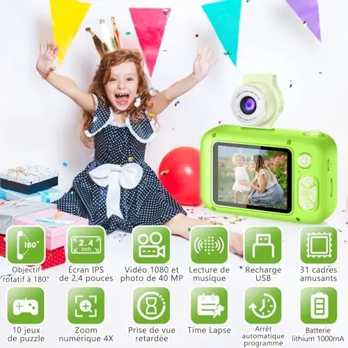 ARNSSIEN Kids Camera, Toddlers Digital Toy Camera with 180° Flip Lens, 2.4 Inch IPS Screen, 32 GB Card, Birthday Festival Present for 3 4 5 6 7 8 9 10 11 12 Year Old Girls & Boys, X101 (Green) - 2