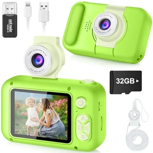 ARNSSIEN Kids Camera, Toddlers Digital Toy Camera with 180° Flip Lens, 2.4 Inch IPS Screen, 32 GB Card, Birthday Festival Present for 3 4 5 6 7 8 9 10 11 12 Year Old Girls & Boys, X101 (Green) - 1