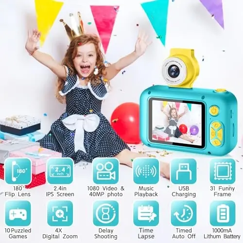 ARNSSIEN Kids Camera, Toddlers Digital Toy Camera with 180° Flip Lens, 2.4 Inch IPS Screen, 32 GB Card, Birthday Festival Present for 3 4 5 6 7 8 9 10 11 12 Year Old Girls & Boys, X101 (Navy Blue) - ARNSSIEN (1)