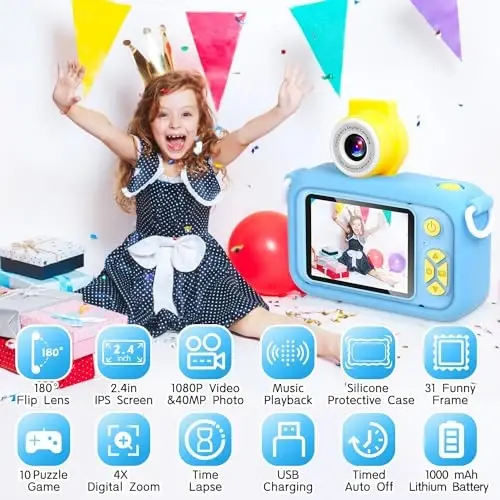 ARNSSIEN Kids Camera, Toddler Kid Digital Camera with 180°Flip Lens & 2.4in IPS Screen, Birthday Festival Gifts Present Toy for 4 5 6 7 8 9 10 11 Year Old Girls/Boys, 32 GB Card Included, X101 - ARNSSIEN (1)