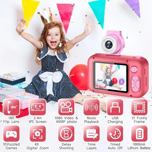 ARNSSIEN Kid Camera, Camera for Kid, 2.4in IPS Screen Digital Camera, 180°Flip Len Student Camera, Children Selfie Camera with Playback Game, Christmas/Birthday Gift for 4 5 6 7 8 9 10 11 Year Old Girl Boy - ARNSSIEN (1)