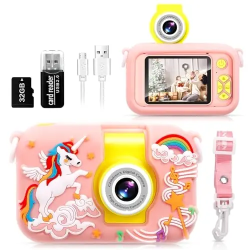 ARNSSIEN Kids Camera, 180° Flip Lensli va 2.4 dyuymli IPS ekranli Toddler Kid raqamli kamerasi, 4 5 6 7 8 9 10 11 yoshli qizlar/o'g'il bolalar uchun tug'ilgan kun festivali sovg'alari, 32 GB karta kiritilgan, X101 - 1