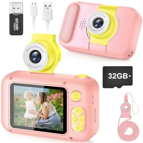 ARNSSIEN Kids Camera, Toddlers Digital Toy Camera with 180° Flip Lens, 2.4 Inch IPS Screen, 32 GB Card, Birthday Festival Present for 3 4 5 6 7 8 9 10 11 12 Year Old Girls & Boys, X101 (Pink) - ARNSSIEN