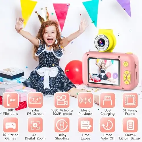 ARNSSIEN Kids Camera, Toddlers Digital Toy Camera with 180° Flip Lens, 2.4 Inch IPS Screen, 32 GB Card, Birthday Festival Present for 3 4 5 6 7 8 9 10 11 12 Year Old Girls & Boys, X101 (Pink) - 2