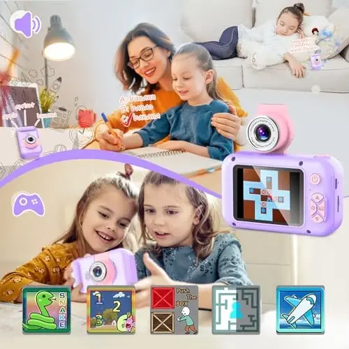 ARNSSIEN Kids Camera, Toddlers Digital Toy Camera with 180° Flip Lens, 2.4 Inch IPS Screen, 32 GB Card, Birthday Festival Present for 3 4 5 6 7 8 9 10 11 12 Year Old Girls & Boys, X101 (Purple) - 5