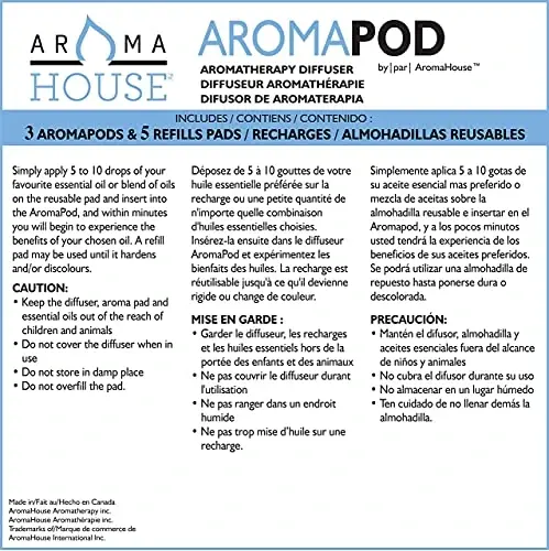 Aromahouse Aromapod tabiiy havo oqimi shaxsiy osma efir moyi diffuzeri, yotoqxona, hammom, oshxona, uy, ofis, sayohat uchun 5 ta hidsiz to'ldiruvchi yostiq bilan (3 dona) - 5