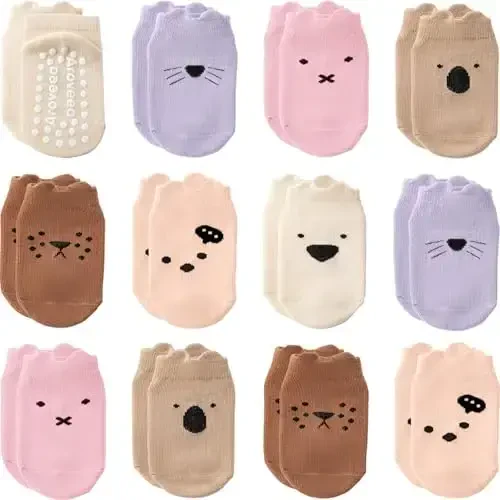 Aroveea Baby Toddler Paypoqlar Grip Sirpanmaydigan O'g'il Qizlar Paxta 12 Pack Bolalar uchun To'piqli Chiroyli Paypoqlar 6M-7Yillar - 1