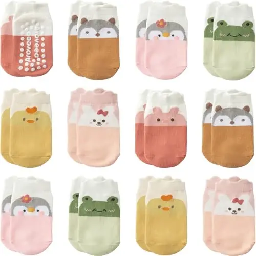 Aroveea Baby Toddler Paypoqlar Sirpanmaydigan O'g'il Qizlar Paxta 12 Pack Bolalar uchun To'piqli Chiroyli Paypoqlar 6M-7Yillar 