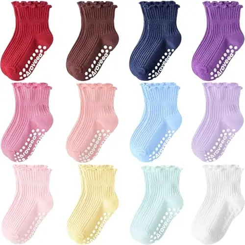 Aroveea Baby Toddler Paypoqlar Sirpanmaydigan O'g'il Qizlar Paxta 12 Paket Bolalar uchun To'piqli Chiroyli Paypoqlar 6O-7Yillar 