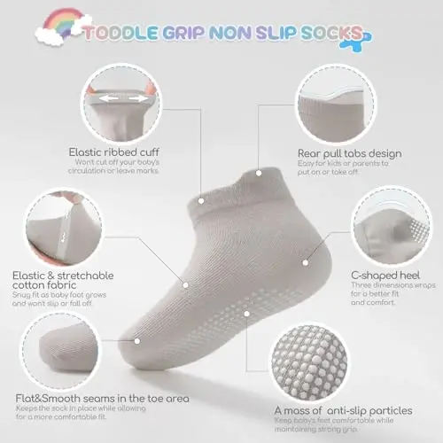 Aroveea Baby Toddler Socks Grip Non Slip Boys Girls Cotton 12 Pack for Kids Ankle Cute Socks 6M-7Years - AROVEEA (1)