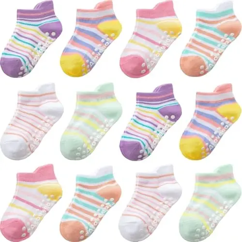 Aroveea Baby Toddler Socks Grip Non Slip Boys Girls Cotton 12 Pack for Kids Ankle Cute Socks 6M-7Years 