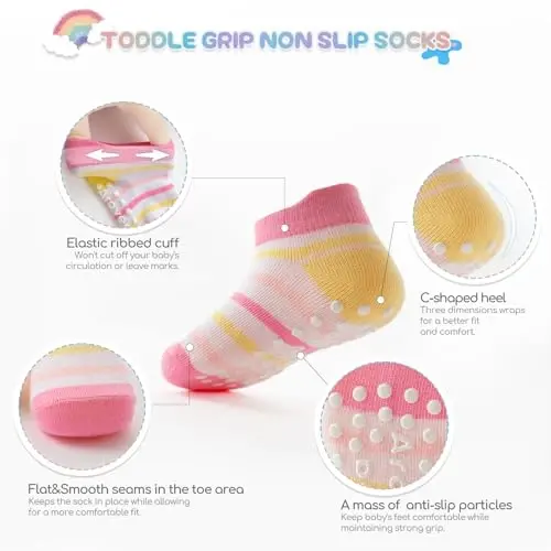 Aroveea Baby Toddler Socks Grip Non Slip Boys Girls Cotton 12 Pack for Kids Ankle Cute Socks 6M-7Years - AROVEEA (1)