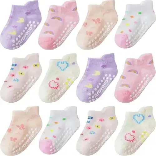 Aroveea Baby Toddler Socks Grip Non Slip Boys Girls Cotton 12 Pack for Kids Ankle Cute Socks 6M-7Years - AROVEEA