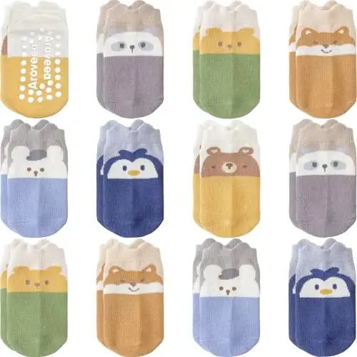 Aroveea Baby Toddler Socks Grip Non Slip Boys Girls Cotton 12 Pack for Kids Ankle Cute Socks 6M-7Years 