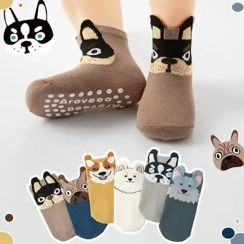 Aroveea Baby Toddler Socks Grip Non Slip Boys Girls Cotton 12 Pack for Kids Ankle Cute Socks 6M-7Years - 6