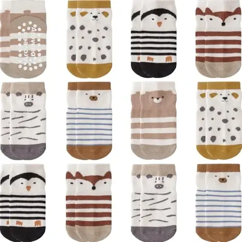 Aroveea Baby Toddler Socks Grip Non Slip Boys Girls Cotton 12 Pack for Kids Ankle Cute Socks 6M-7Years 