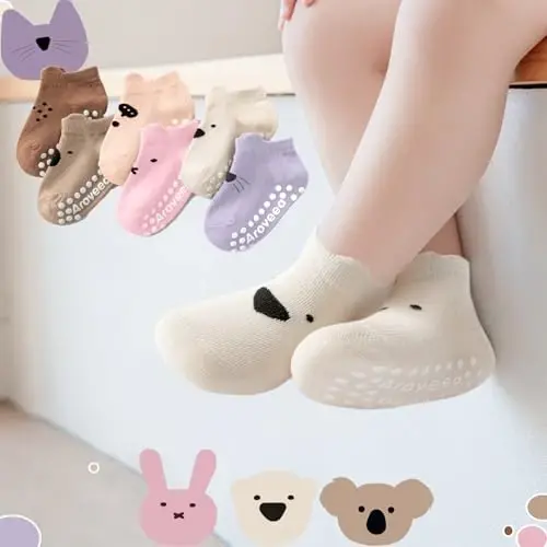 Aroveea Baby Toddler Socks Grip Non Slip Boys Girls Cotton 12 Pack for Kids Ankle Cute Socks 6M-7Years - 6