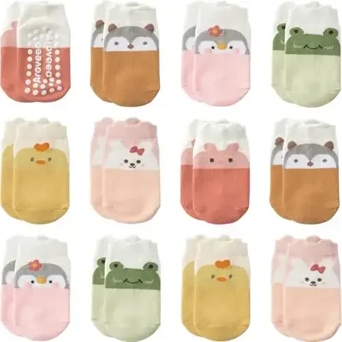 Aroveea Baby Toddler Socks Grip Non Slip Boys Girls Cotton 12 Pack for Kids Ankle Cute Socks 6M-7Years - 1