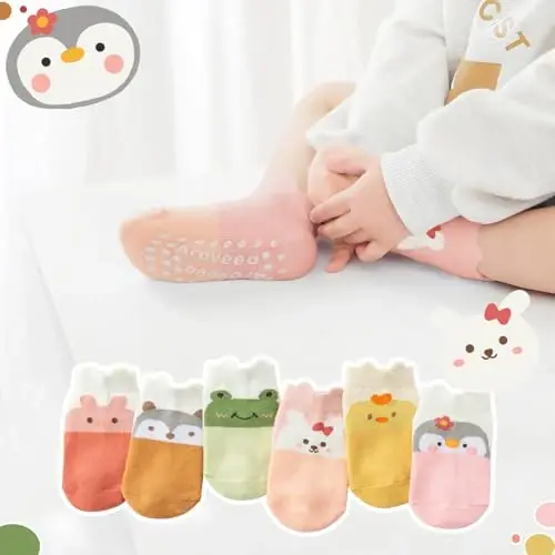 Aroveea Baby Toddler Socks Grip Non Slip Boys Girls Cotton 12 Pack for Kids Ankle Cute Socks 6M-7Years - 6
