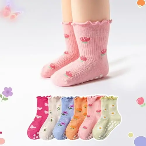 Aroveea Baby Toddler Socks Grip Non Slip Boys Girls Cotton 12 Pack for Kids Ankle Cute Socks 6M-7Years - 6