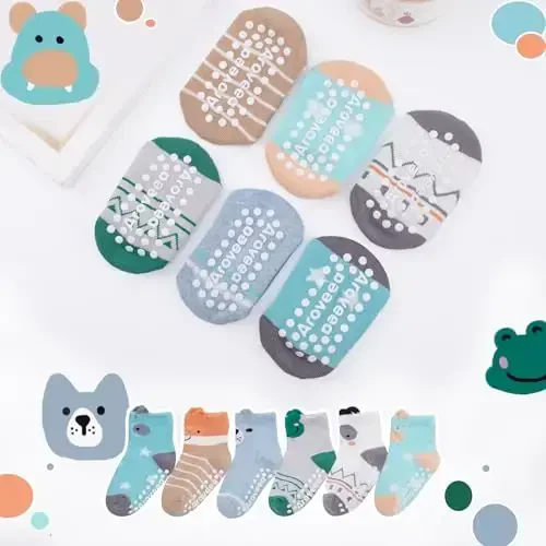 Aroveea Baby Toddler Socks Grip Non Slip Boys Girls Cotton 12 Pack for Kids Ankle Cute Socks 6M-7Years - 6
