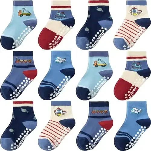 Aroveea Baby Toddler Socks Grip Non Slip Boys Girls Cotton 12 Pack for Kids Ankle Cute Socks 6M-7Years - AROVEEA