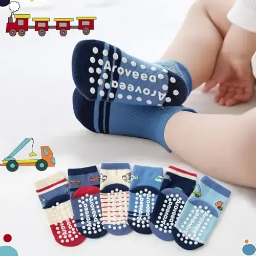 Aroveea Baby Toddler Socks Grip Non Slip Boys Girls Cotton 12 Pack for Kids Ankle Cute Socks 6M-7Years - 6