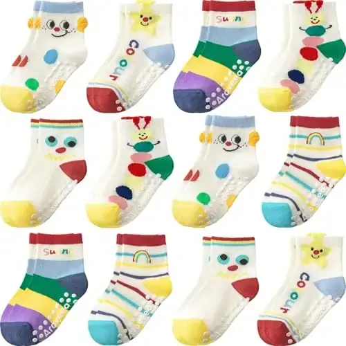 Aroveea Baby Toddler Socks Grip Non Slip Boys Girls Cotton 12 Pack for Kids Ankle Cute Socks 6M-7Years - 1