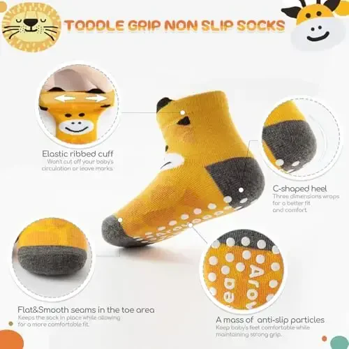 Aroveea Baby Toddler Socks Grip Non Slip Boys Girls Cotton 12 Pack for Kids Ankle Cute Socks 6M-7Years - AROVEEA (1)