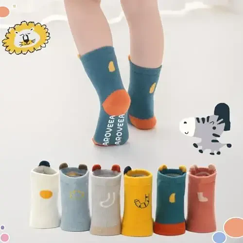 Aroveea Baby Toddler Socks Grip Non Slip Boys Girls Cotton 12 Pack for Kids Ankle Cute Socks 6M-7Years - 6