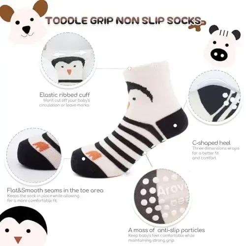 Aroveea Baby Toddler Socks Grip Non Slip Boys Girls Cotton 12 Pack for Kids Ankle Cute Socks 6M-7Years - AROVEEA (1)