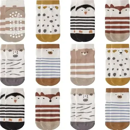 Aroveea Baby Toddler Socks Grip Non Slip Boys Girls Cotton 12 Pack for Kids Ankle Cute Socks 6M-7Years - 1