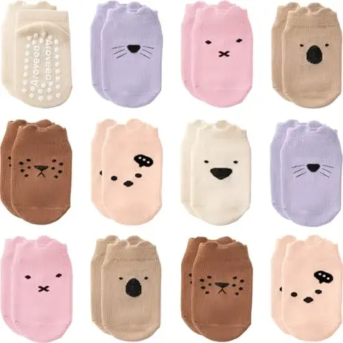 Aroveea Baby Toddler Socks Grip Non Slip Boys Girls Cotton 12 Pack for Kids Ankle Cute Socks 6M-7Years - 1