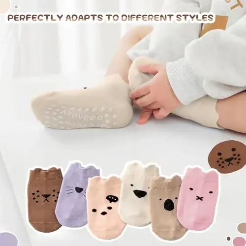 Aroveea Baby Toddler Socks Grip Non Slip Boys Girls Cotton 12 Pack for Kids Ankle Cute Socks 6M-7Years - 5