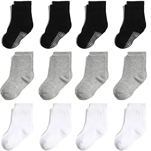 Aroveea Toddler Socks Non Slip Grip Cute Cotton Baby Socks 12 Pack for Toddler Boys Girls Kids 