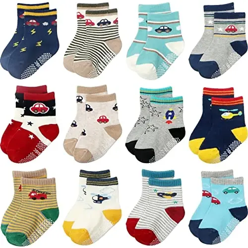 Aroveea Toddler Socks Non Slip Grip Cute Cotton Baby Socks 12 Pack for Toddler Boys Girls Kids 