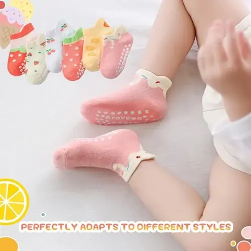 Aroveea Baby Toddler Socks Grip Non Slip Boys Girls Cotton 12 Pack for Kids Ankle Cute Socks 6M-7Years - 5