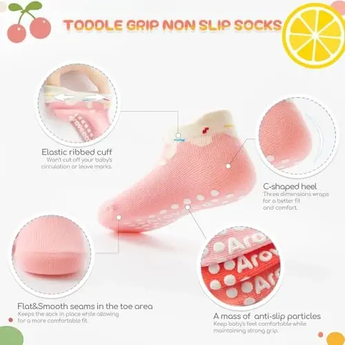 Aroveea Baby Toddler Socks Grip Non Slip Boys Girls Cotton 12 Pack for Kids Ankle Cute Socks 6M-7Years - 2