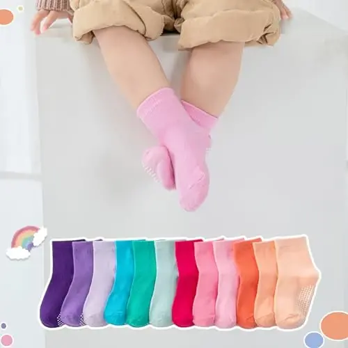 Aroveea Baby Toddler Socks Grip Non Slip Boys Girls Cotton 12 Pack for Kids Ankle Cute Socks 6M-7Years - 6