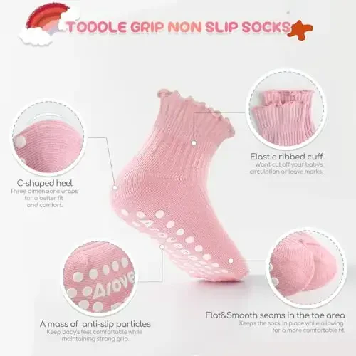 Aroveea Baby Toddler Socks Grip Non Slip Boys Girls Cotton 12 Pack for Kids Ankle Cute Socks 6M-7Years - AROVEEA (1)