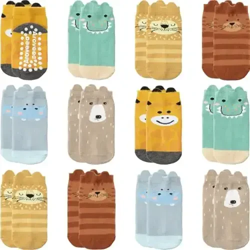 Aroveea Baby Toddler Socks Grip Non Slip Boys Girls Cotton 12 Pack for Kids Ankle Cute Socks 6M-7Years 