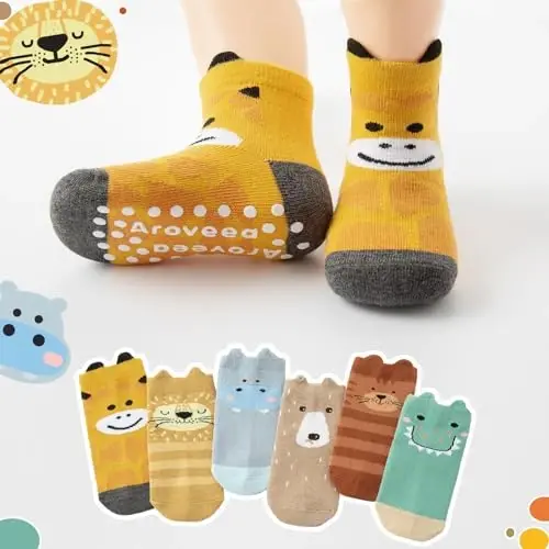 Aroveea Baby Toddler Socks Grip Non Slip Boys Girls Cotton 12 Pack for Kids Ankle Cute Socks 6M-7Years - 6