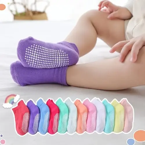 Aroveea Baby Toddler Socks Grip Non Slip Boys Girls Cotton 12 Pack for Kids Ankle Cute Socks 6M-7Years - 6