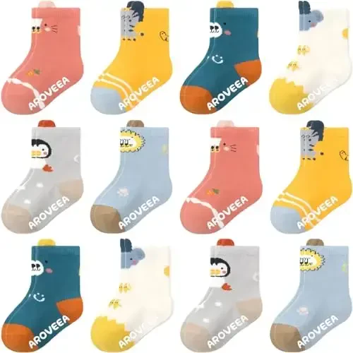 Aroveea Baby Toddler Socks Grip Non Slip Boys Girls Cotton 12 Pack for Kids Ankle Cute Socks 6M-7Years - AROVEEA