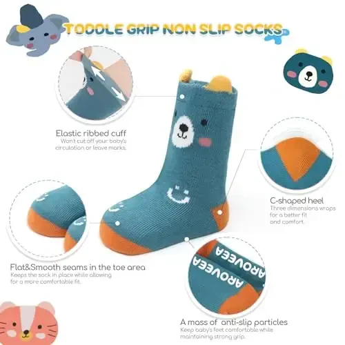 Aroveea Baby Toddler Socks Grip Non Slip Boys Girls Cotton 12 Pack for Kids Ankle Cute Socks 6M-7Years - AROVEEA (1)